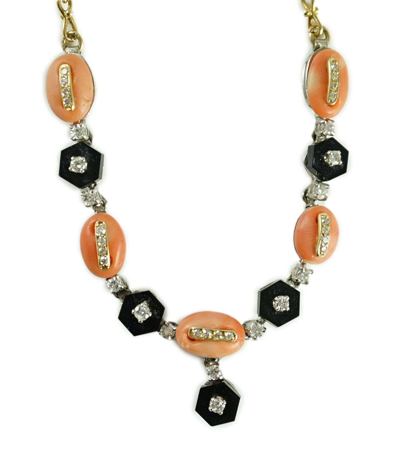 A 20th century Italian 18ct gold, coral black onyx and diamond set drop necklace